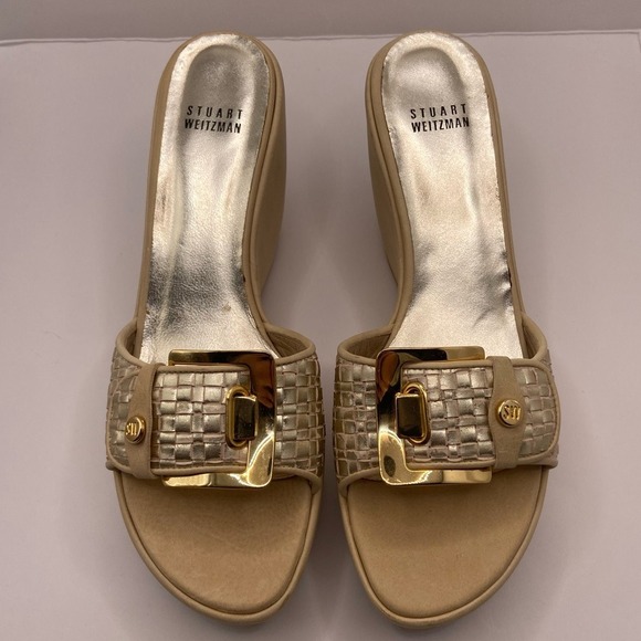 Stuart Weitzman Shoes Womens Size 8.5 Beige Gold Wedge Sandals Slides Buckle - Picture 2 of 15